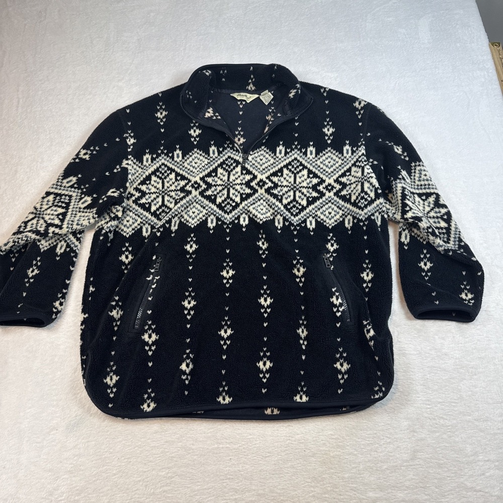 VINTAGE EDDIE BAUER WOMEN'S‎ NORDIC BLACK w/ WHITE & BLUE SNOWFLAKE FLEECE Large